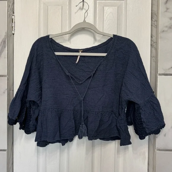 Free People Gauze Sweet Talker Top Women's Boho Peasant Blouse Navy Size Small - Picture 4 of 14